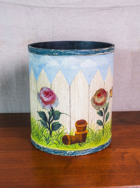 Vintage Italian Tole Hand-Painted Picket Fence Spring Flower Trash Bin