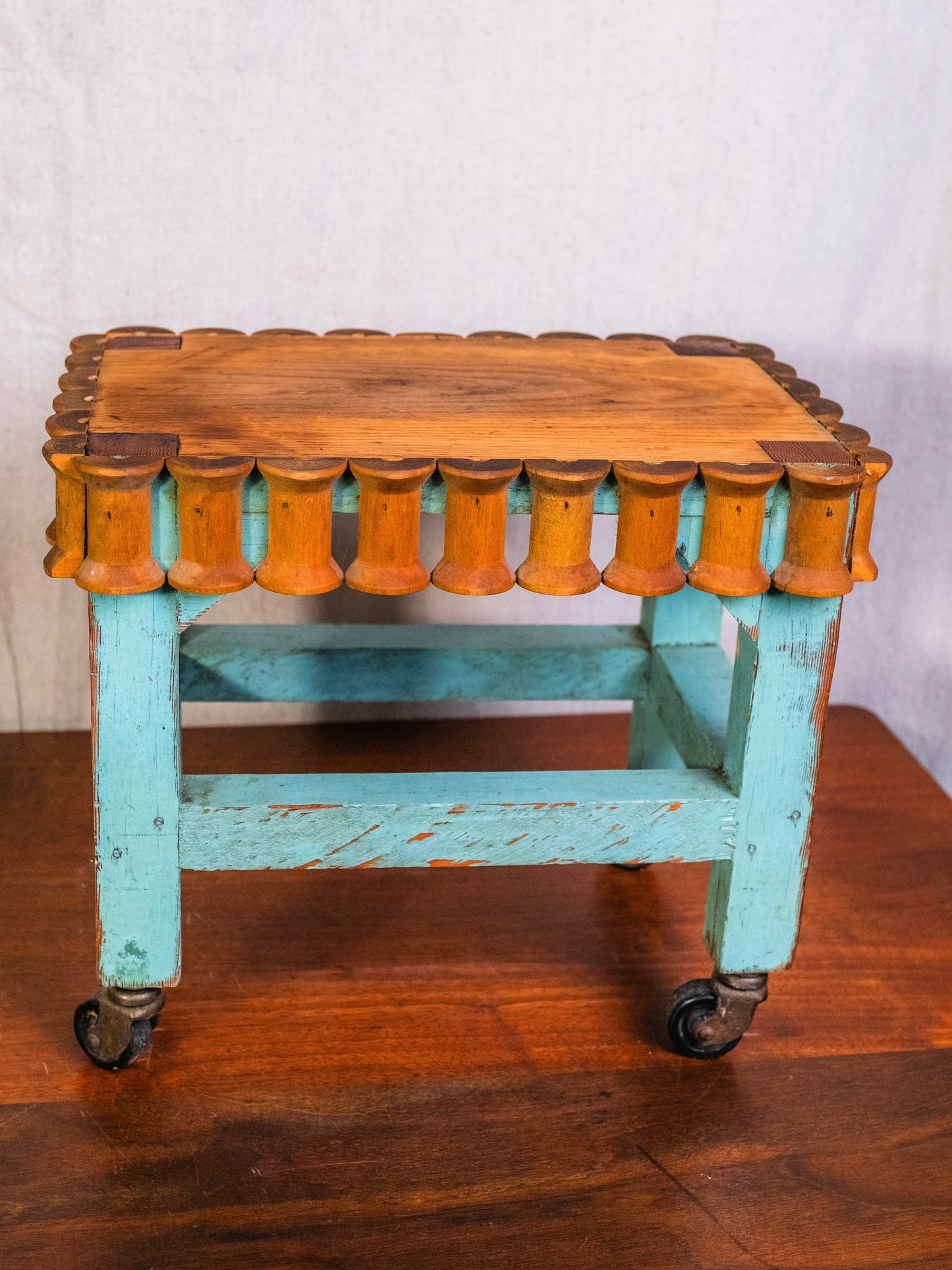 Vintage Handmade Teal Sewing Thread Spool Footstool w/ Wheels