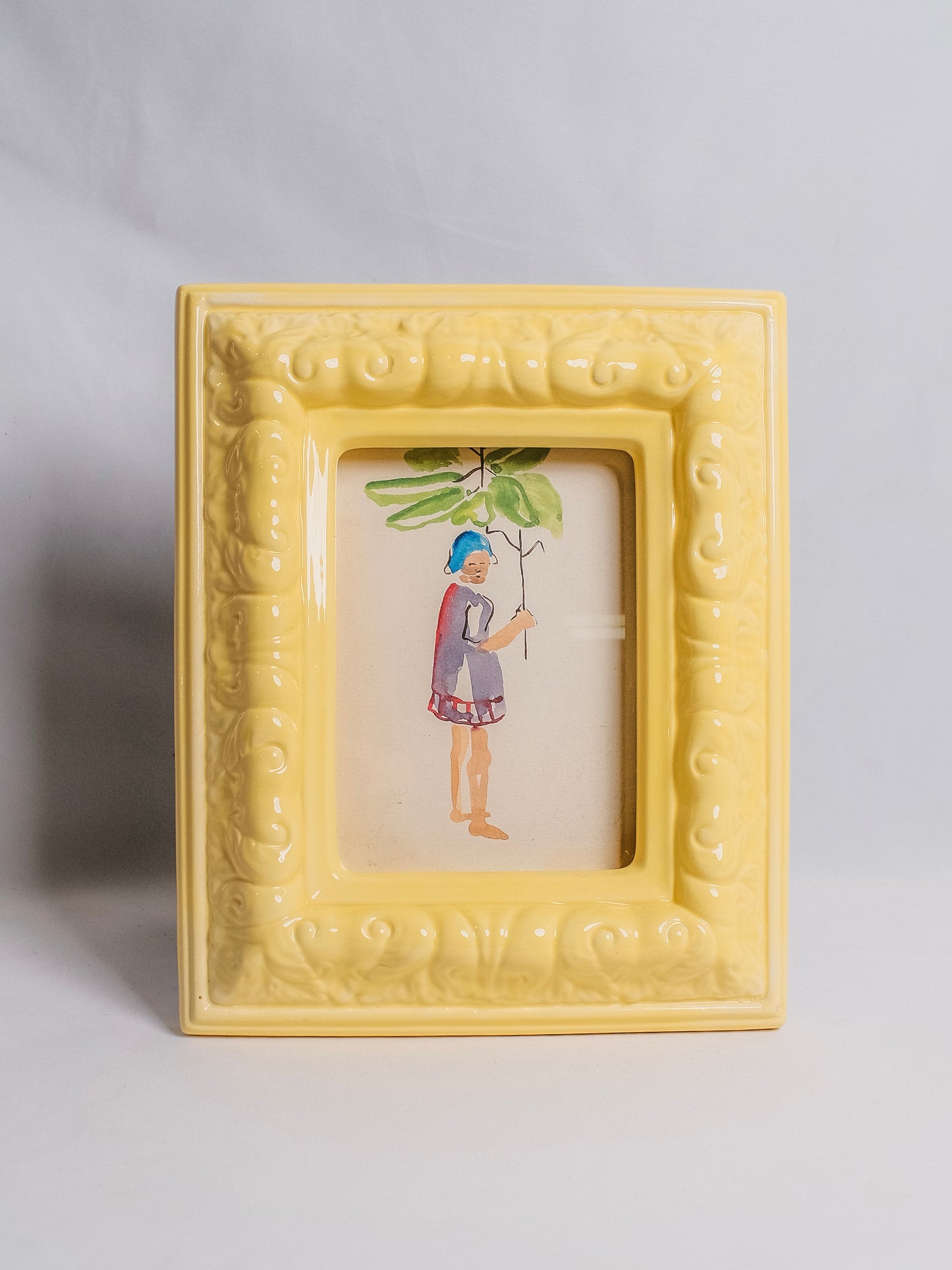 Vintage 1950s Ceramic Framed "Man Holding Branch" Original Watercolor Artwork