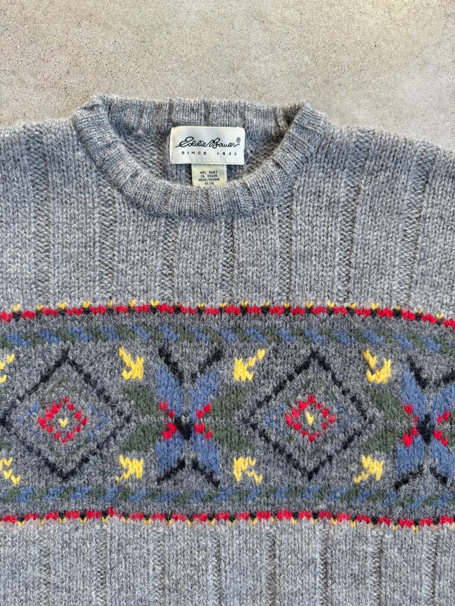 Vintage 1990s Eddie Bauer Grey Nordic Pattern Wool Sweater | Medium