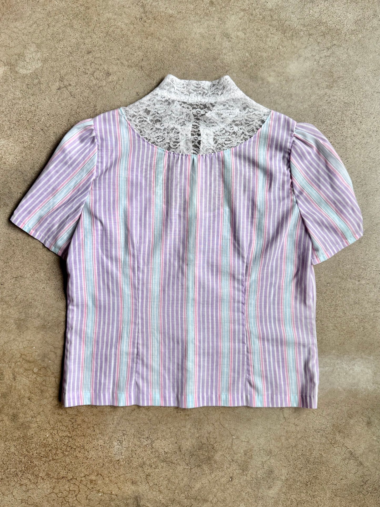 Vintage 1970s/80s Pastel Striped Lace Collar Short Sleeve Blouse | Medium