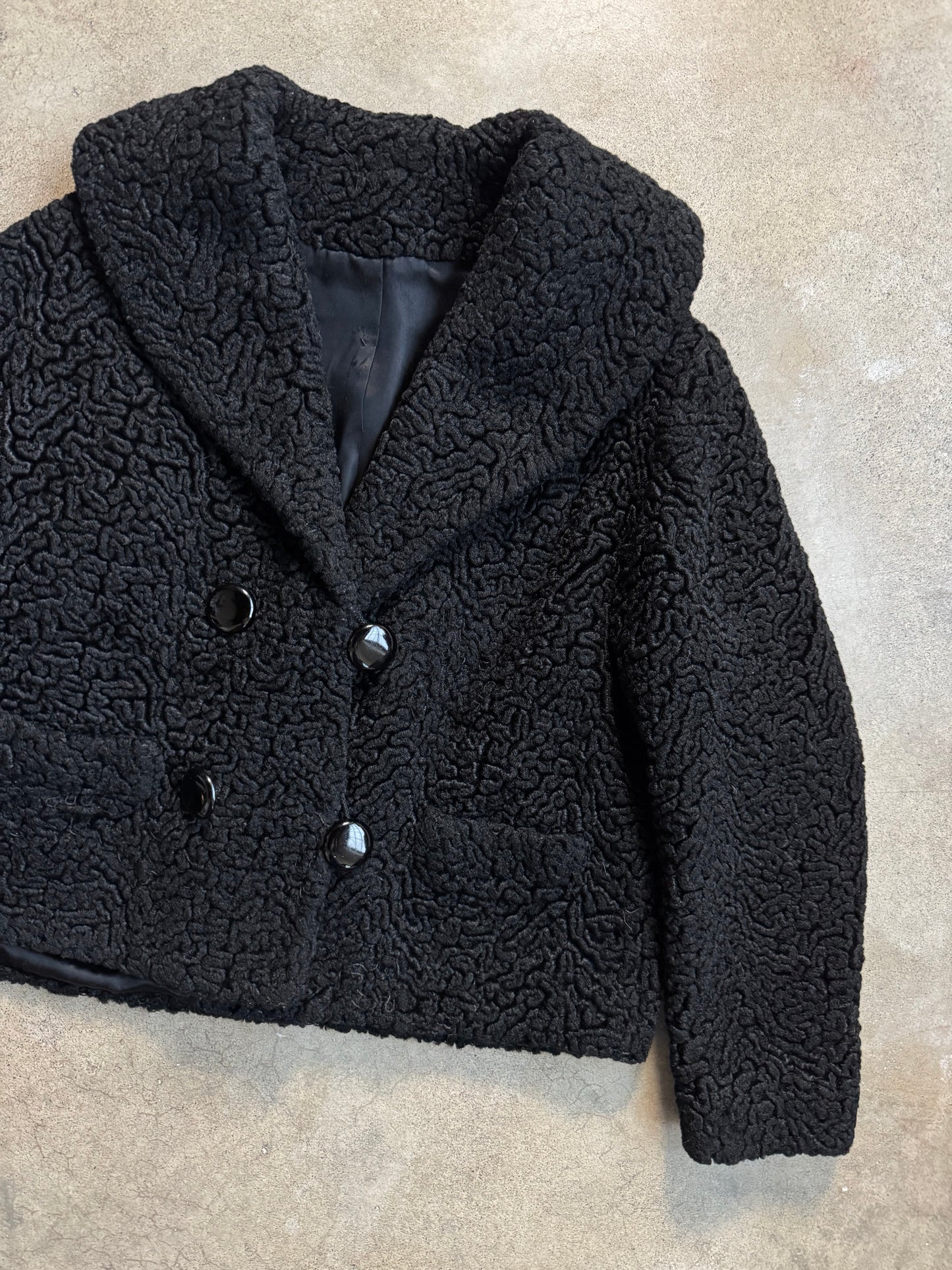 Vintage 1950s Black Persian Lambswool Double-Breasted Short Jacket | S/M