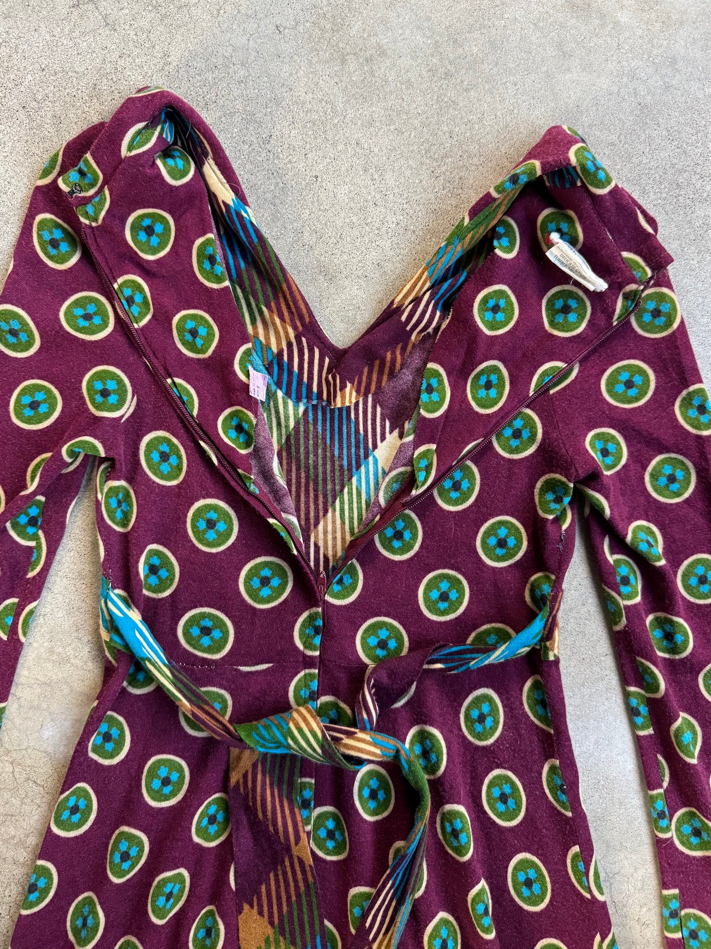 Vintage 1960s Mindy Malone Burgundy Multi-Pattern Collared Dress | XS