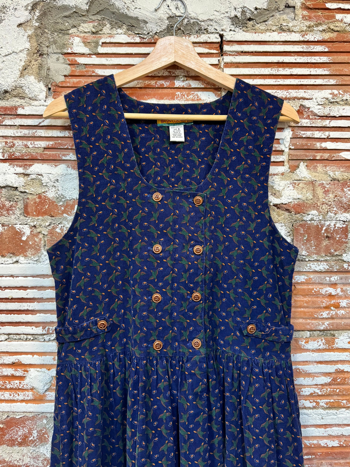 Vintage 1980s/90s Bryn Connelly Navy Duck Pattern Corduroy Pinafore Dress | Medium