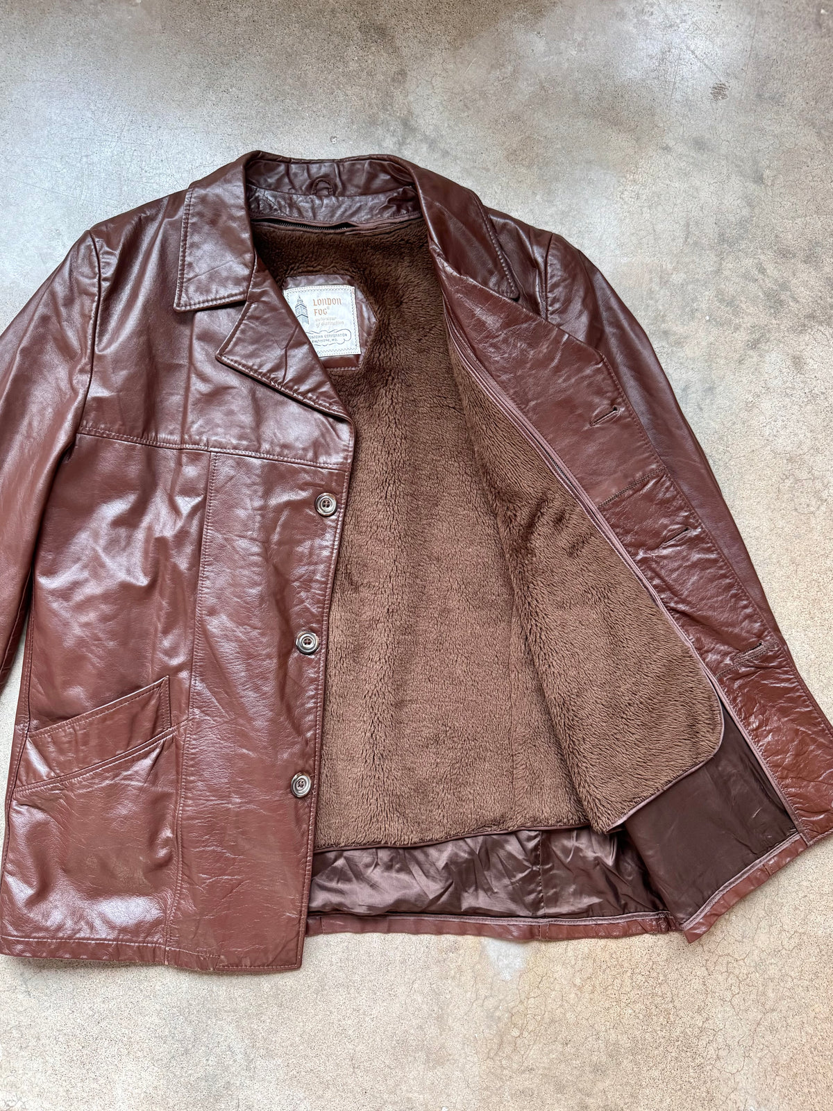 Vintage 1970s London Fog Brown Faux Fur Lined Leather Jacket | 46R