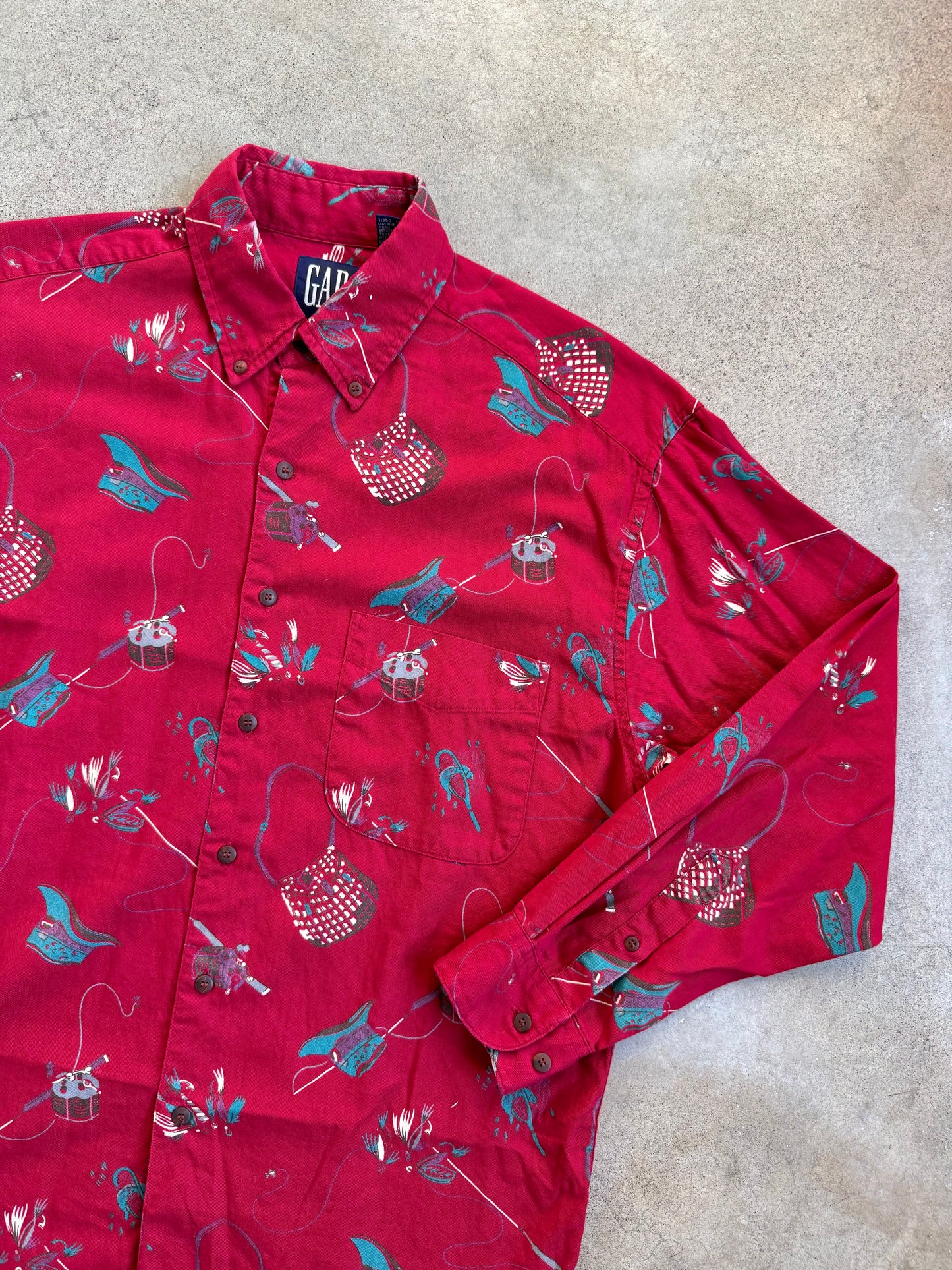 Vintage 1990s GAP Red Fishing Print Cotton Button-Down Shirt | Medium