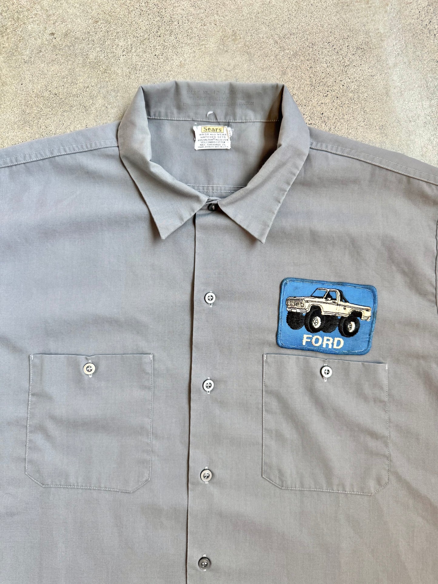 Vintage 1970s Sears Grey Ford Patch Mechanic Shirt | XL
