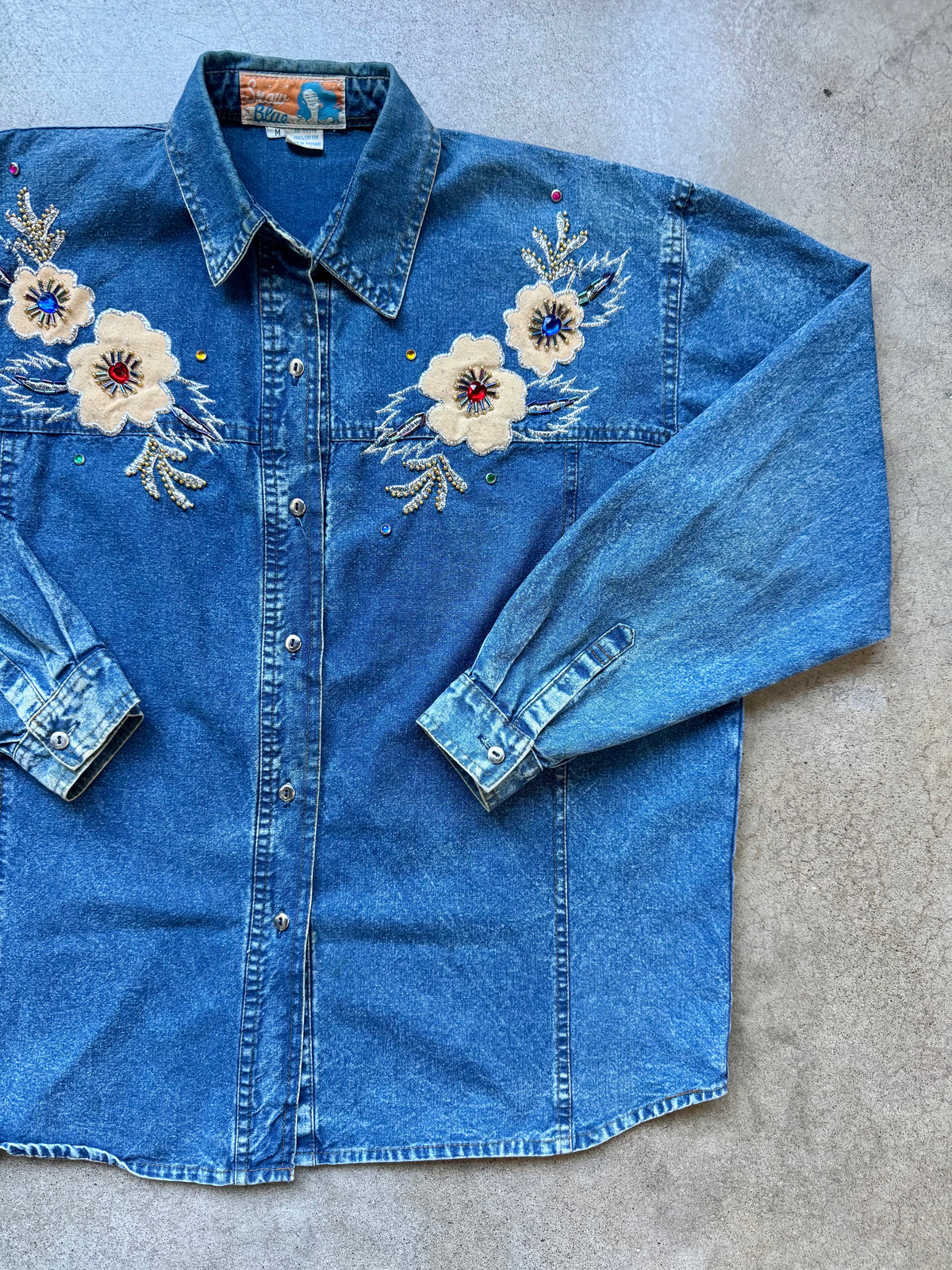 Vintage 1980s Snow Blue Floral Beaded Appliqué Denim Two-Piece Skirt Set | Medium