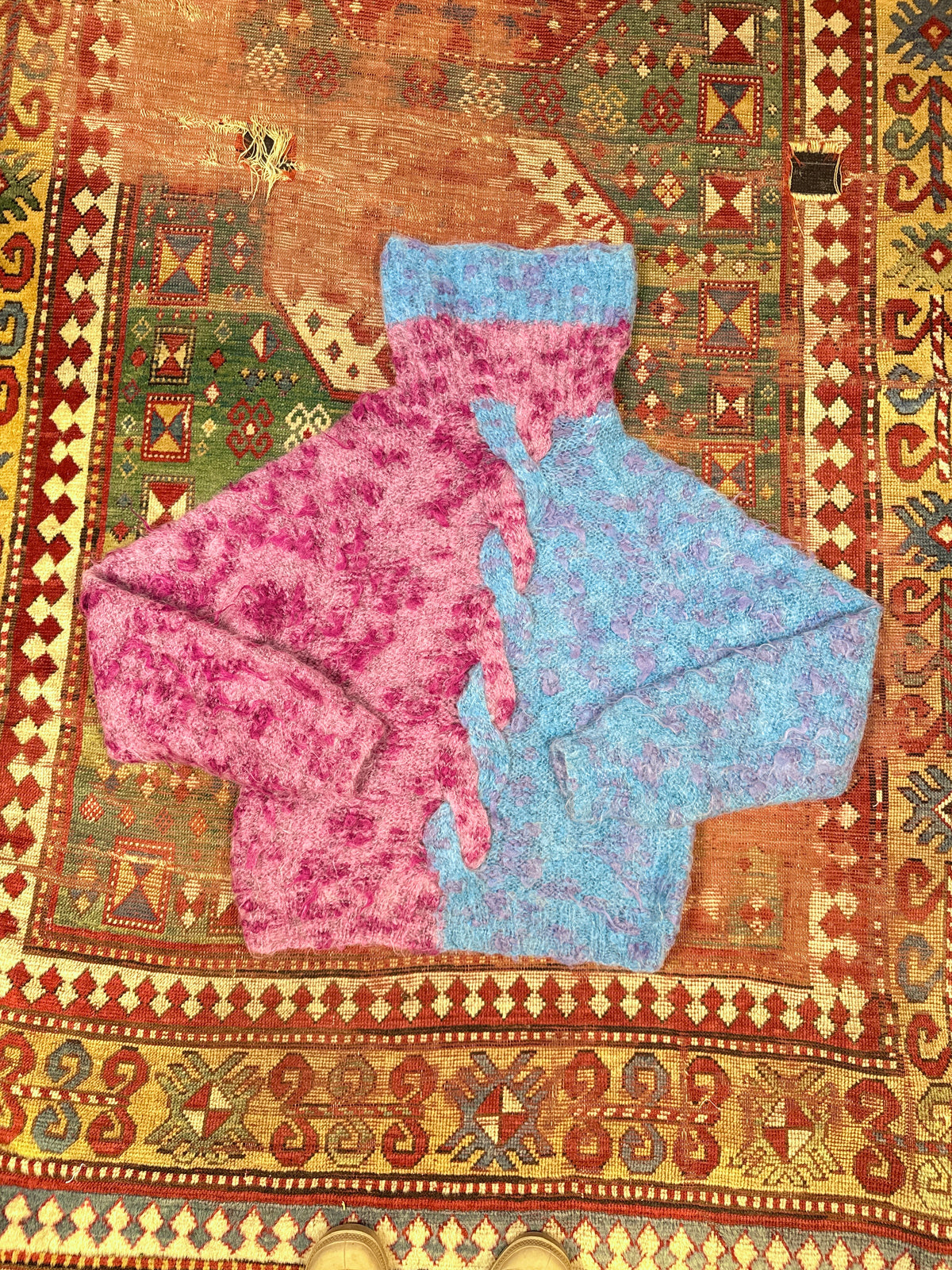 Vintage Handmade Blue & Magenta Brushed Alpaca Knit Turtleneck Sweater