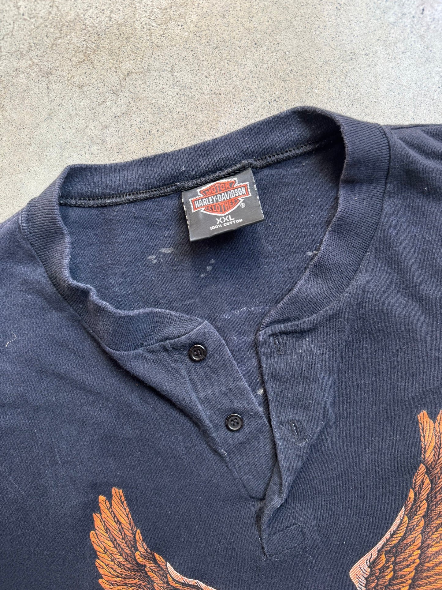 Vintage 1990s Harley Davidson Black Henley Graphic Tee | XXL