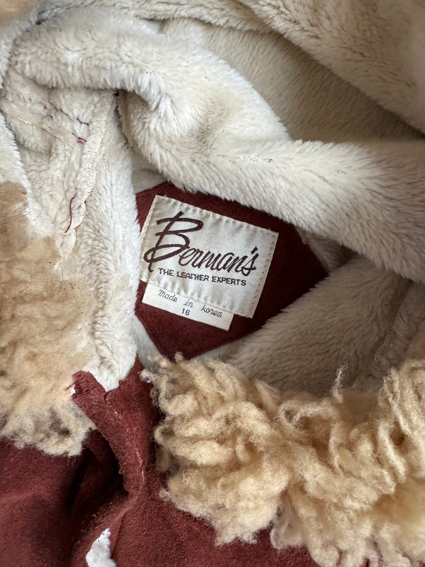 Vintage 1970s Berman’s Brown Suede Lamb Fur Trim Hooded Overcoat | Medium