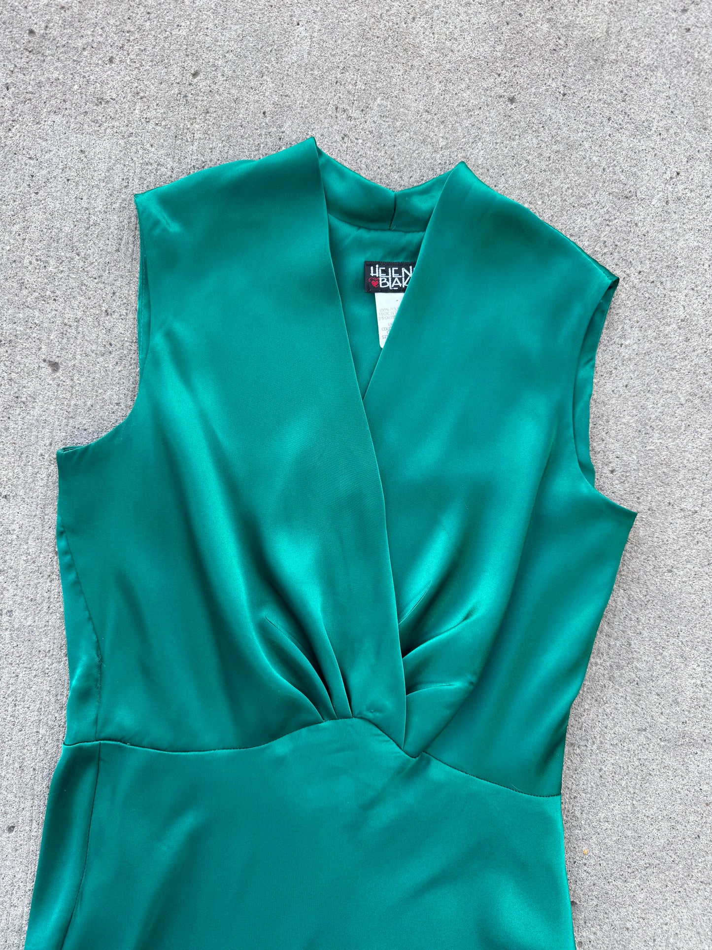 Vintage 1990s Helene Blake Emerald Green Satin Party Dress | Small