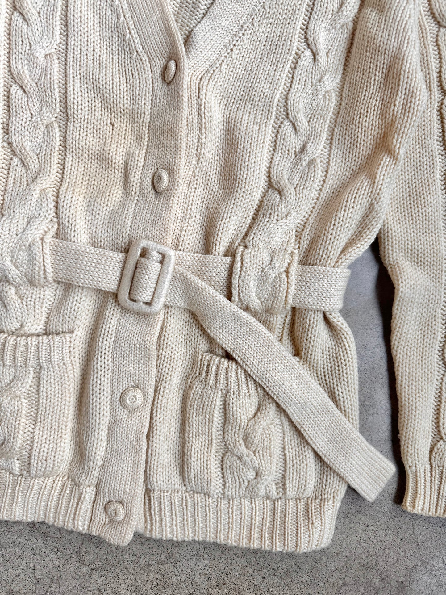 Vintage 1960s Sears 100% Wool Cream Cable Knit Belted Cardigan | Medium