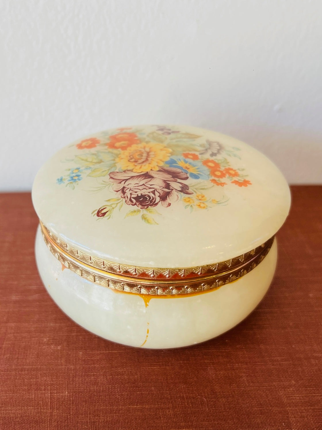 Vintage 1960s Italian Alabaster Floral Jewelry Box