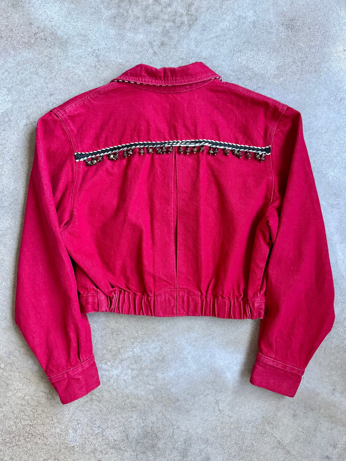 Vintage 1980s Caché Beaded Red Cropped Denim Jacket | Medium