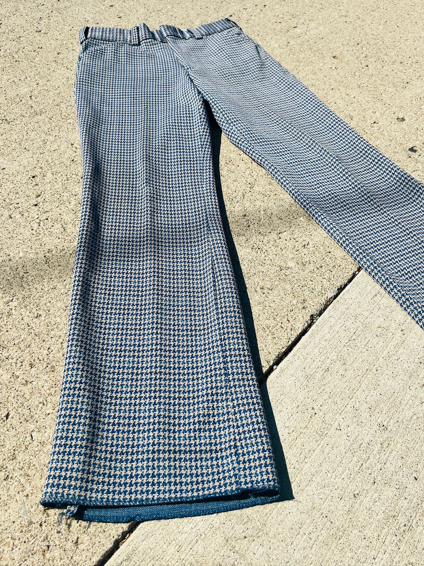 Vintage 1970s Blue Houndstooth Polyester Knit Pants