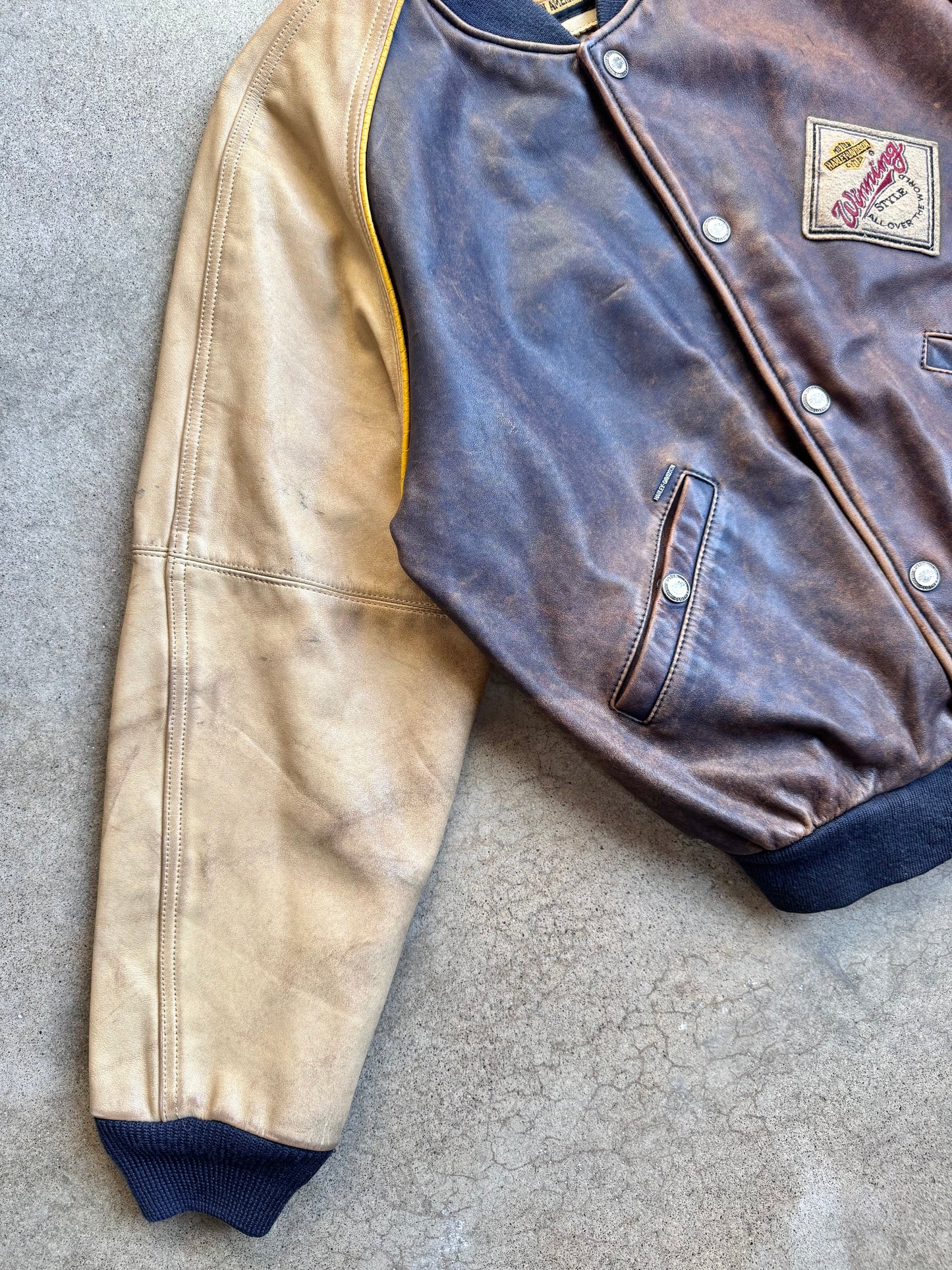 Vintage 1990s Harley Davidson Grand National Champion Leather Bomber Jacket | Medium