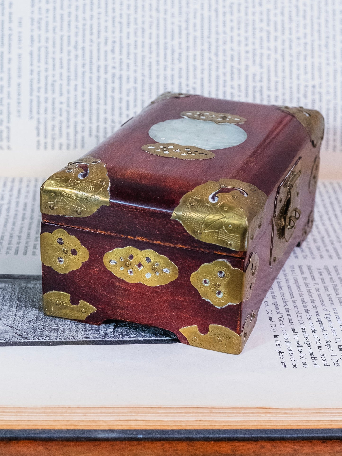 Vintage Wooden Chinese Brass Hinged Jewelry Box