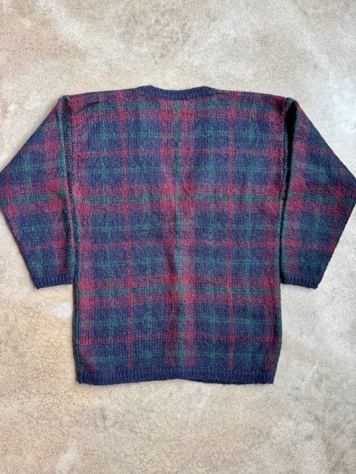 Vintage 1990s Paul Harris Design Dark Plaid Mohair-Blend Knit Cardigan | Small