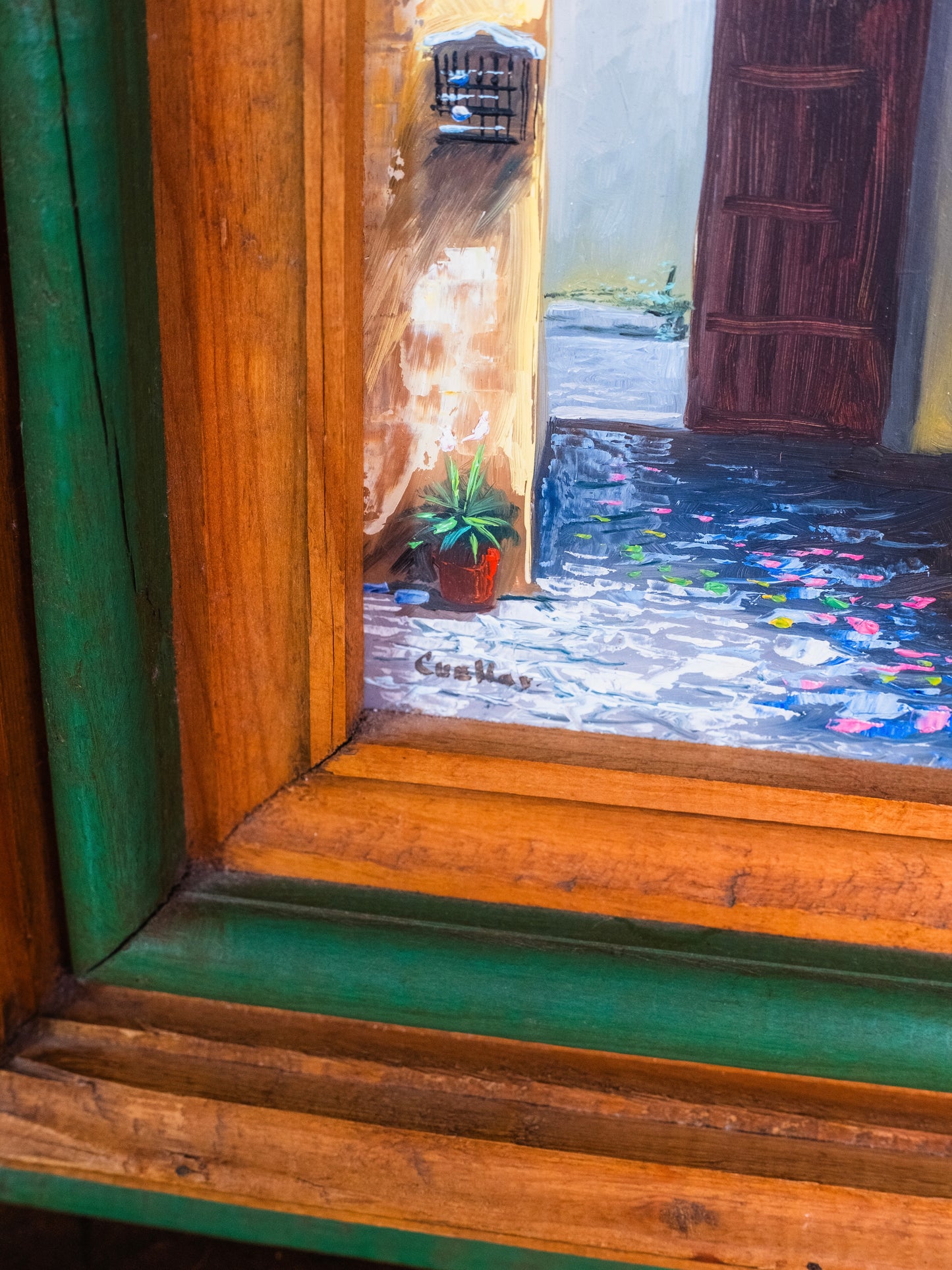 Vintage Framed Cobblestone Alleyway Scene Oil Painting | Signed