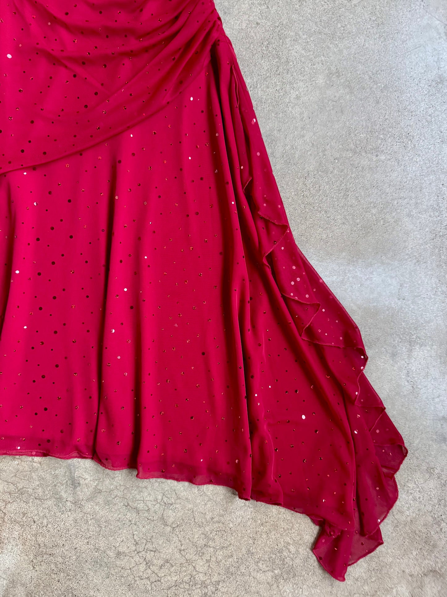 2000s Teeze Me Red Sequin Strapless Ruched Asymmetrical Dress | Small