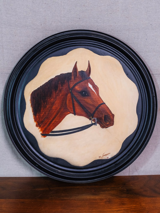 Vintage 1980s Signed Hand-Painted Round Metal Horse Painting