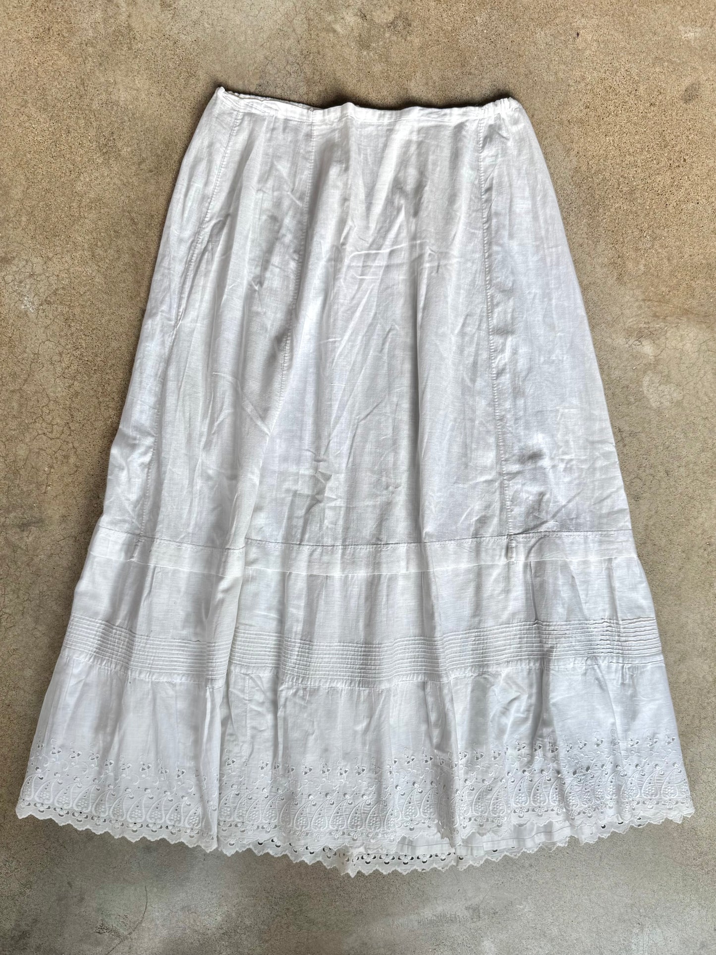Antique Edwardian Cotton Embroidered Eyelet Trim Petticoat Skirt | M/L