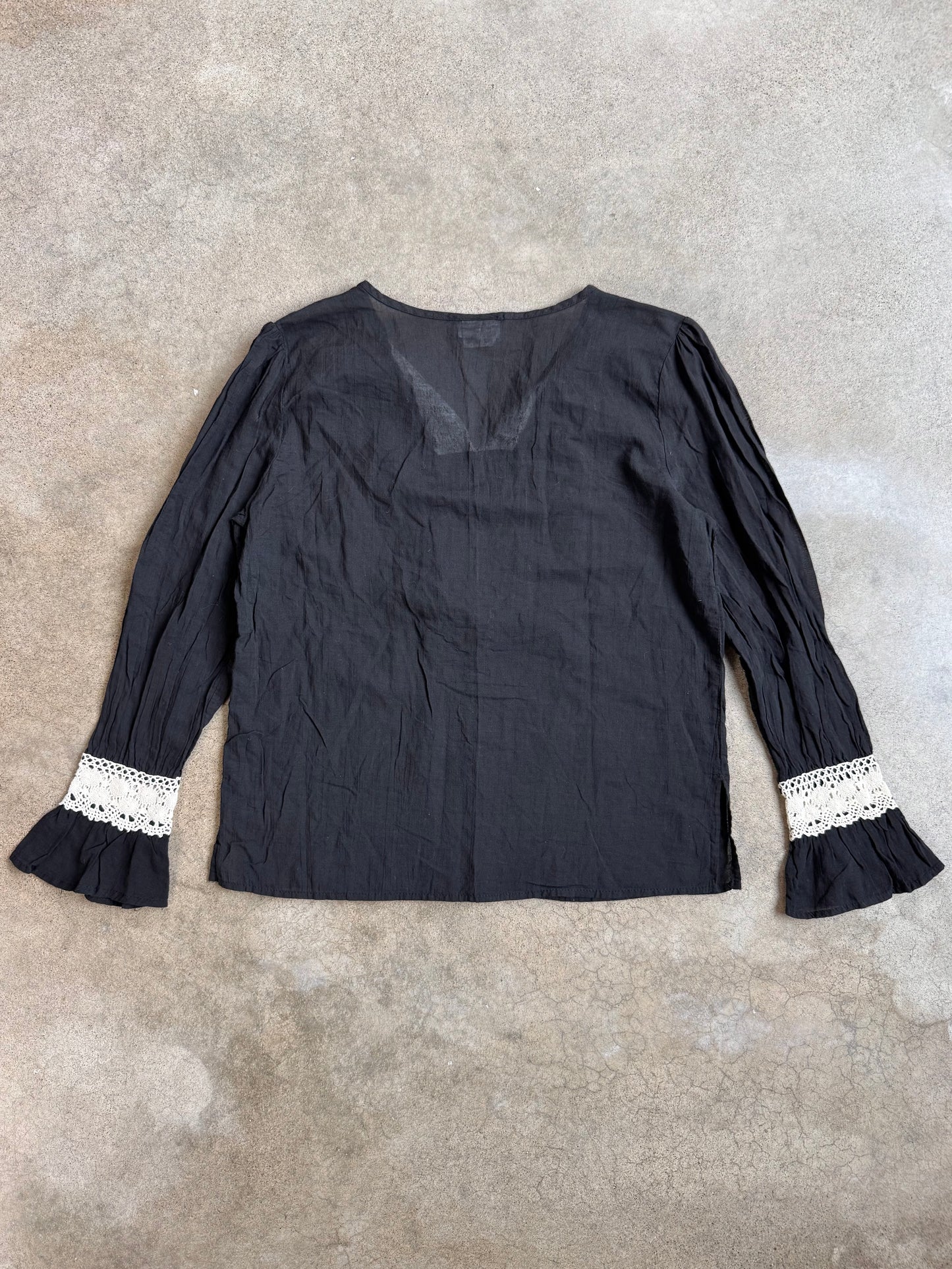 Vintage 1970s Clio Black Crochet Lace Cotton Tunic Blouse | Large