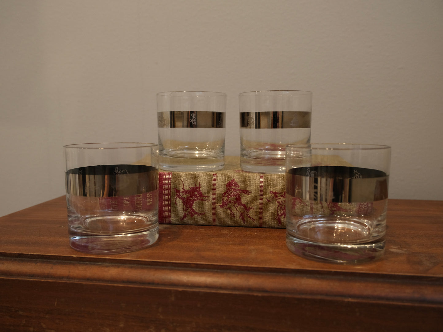 Vintage 1950s Etched Silver Band Lowball Glasses | Set of 4