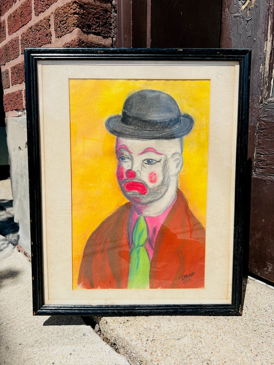 Vintage 1950s “Sad Clown” Framed Drawing Artwork