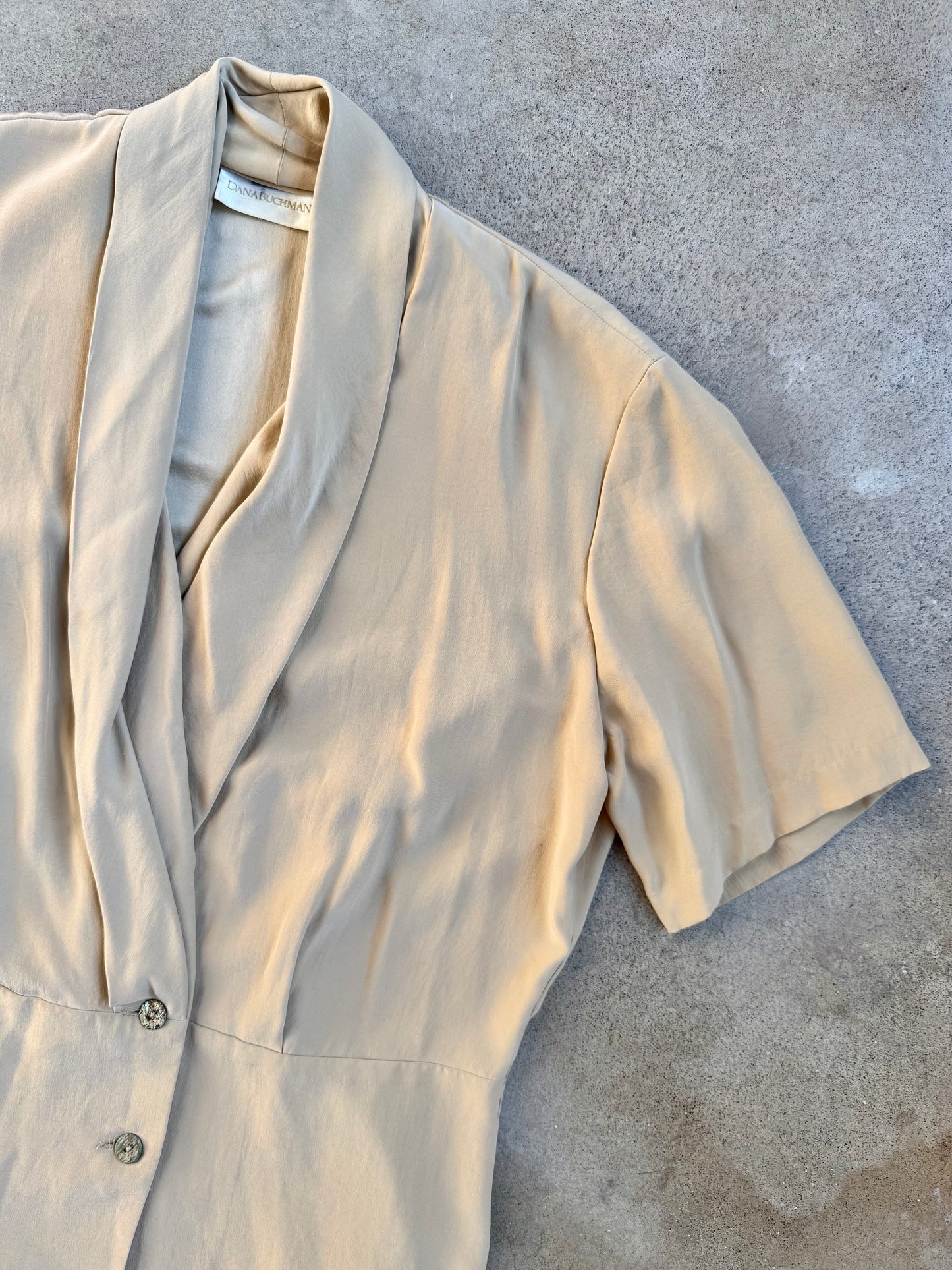 Vintage 1980s/90s Dana Buchman Beige Silk Draped V-Neck Blouse | Medium
