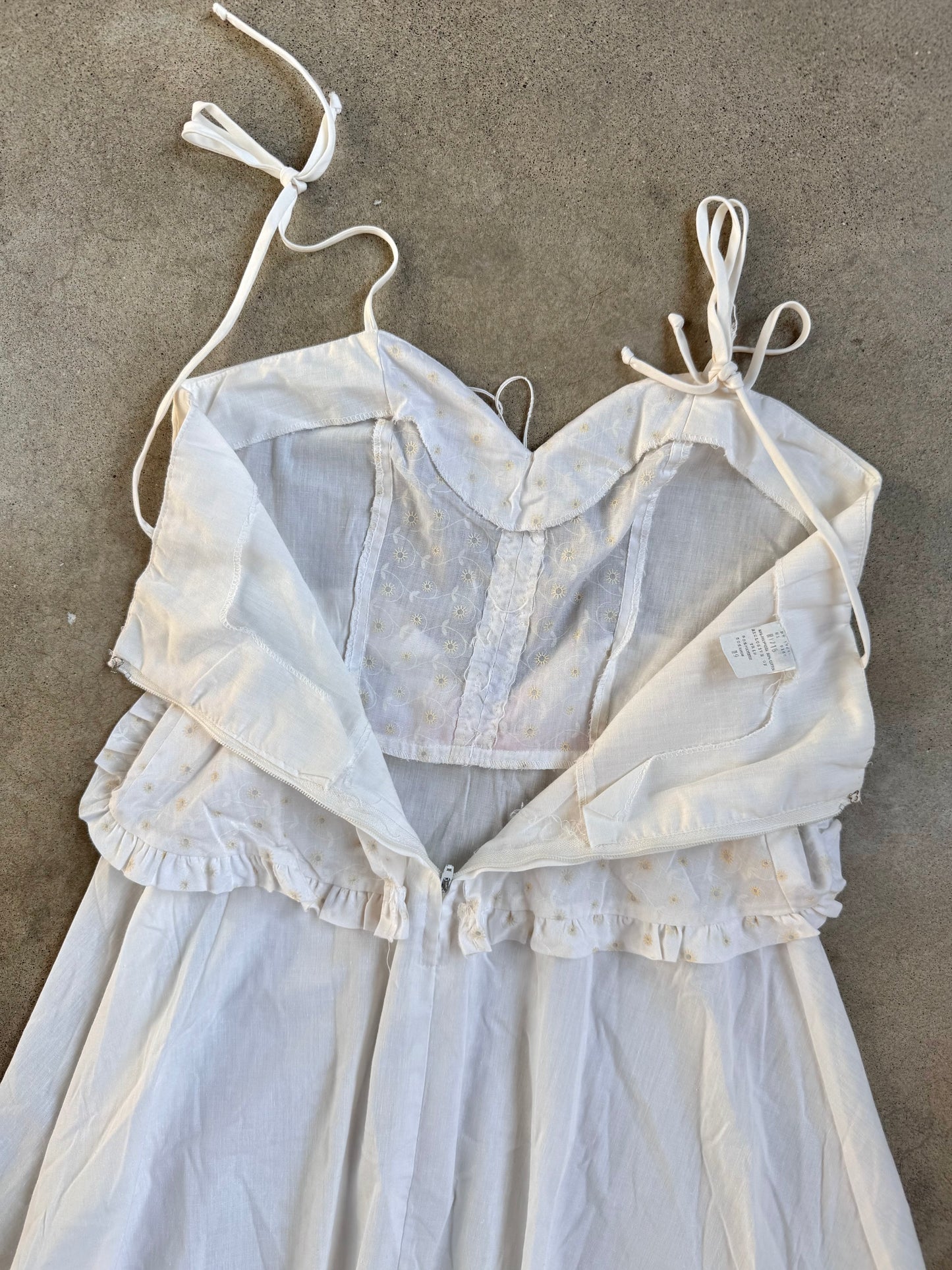Vintage 1970s White & Pink Floral Embroidered Tie-Strap Prairie Dress | XS/S