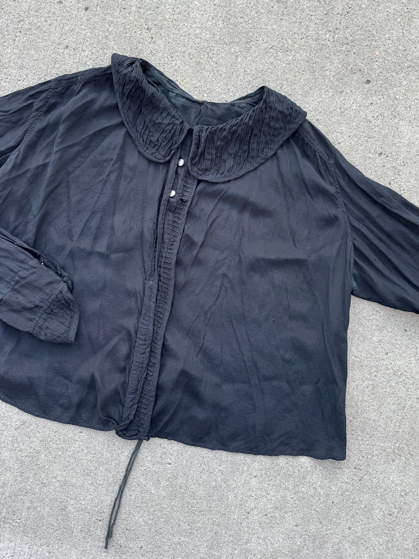 Antique 1910-20s 100% Silk Black Sheer Blouse | Large