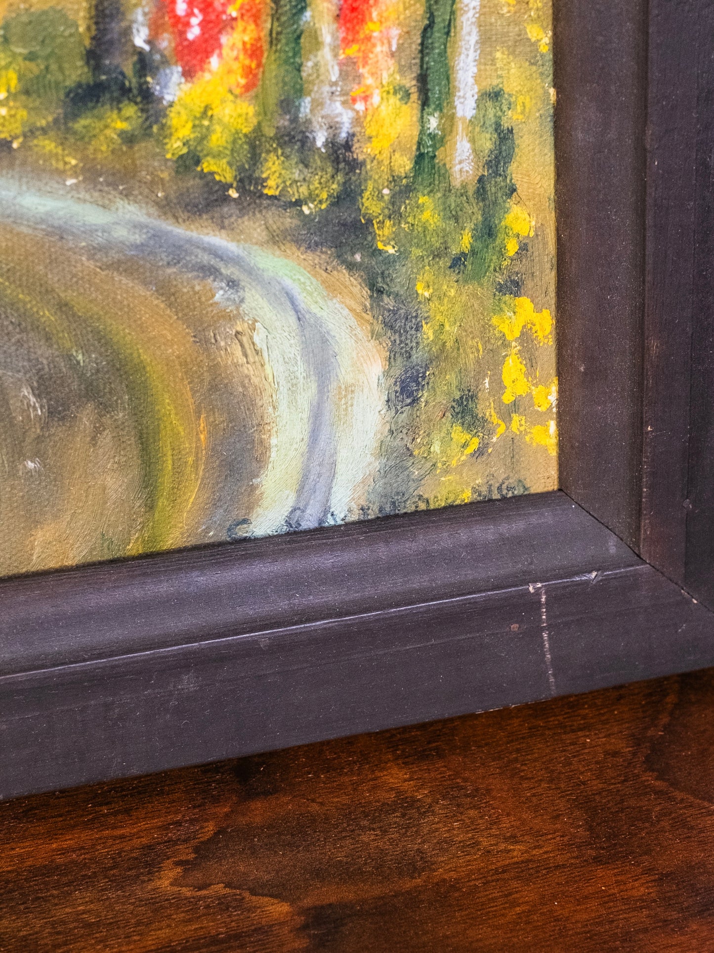 Vintage Framed Folk Art Rustic Farm Landscape Oil on Canvas Painting | Signed