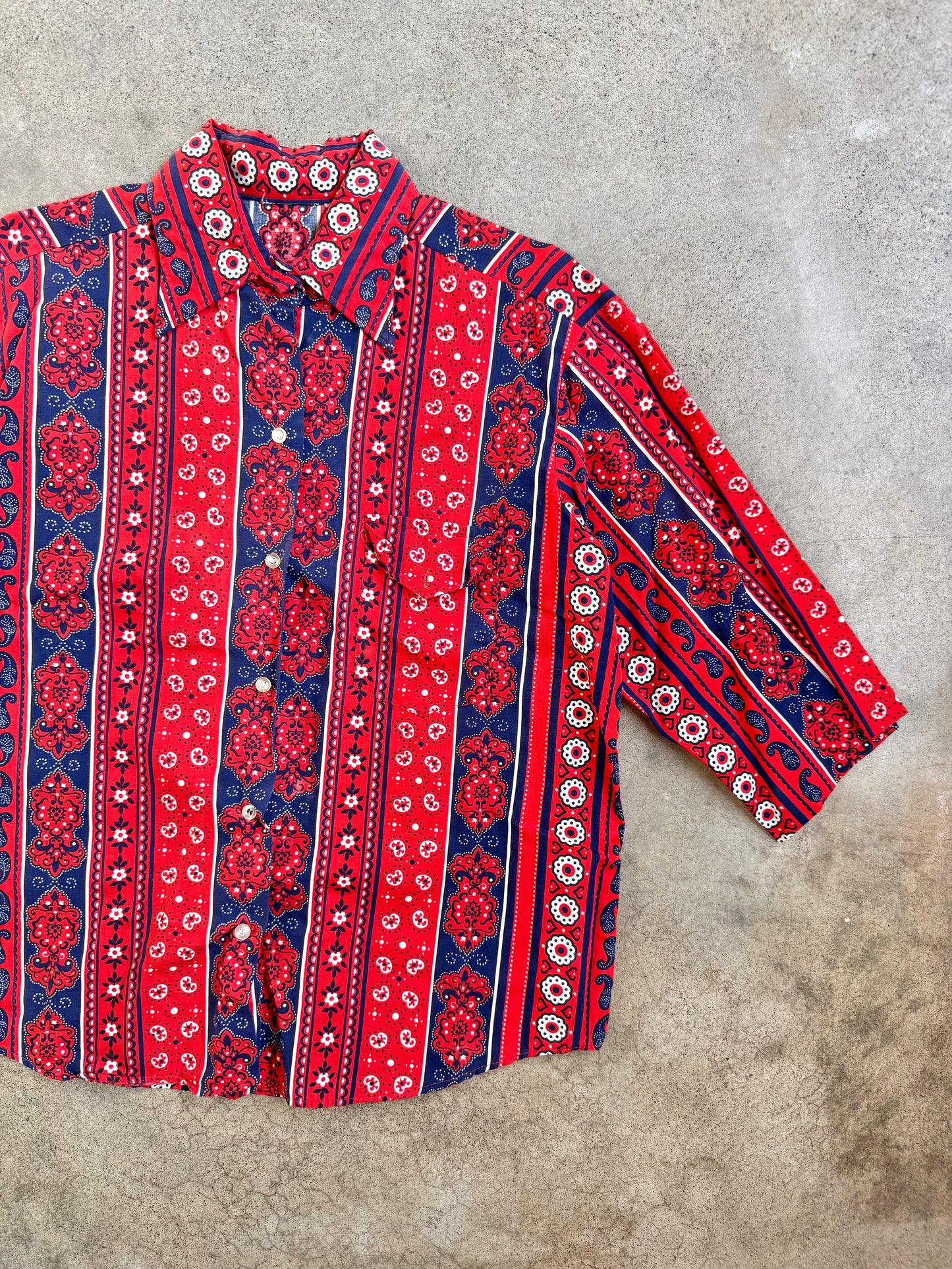 Vintage Red & Blue Striped Paisley Bandana Print Button-Up Shirt | XL