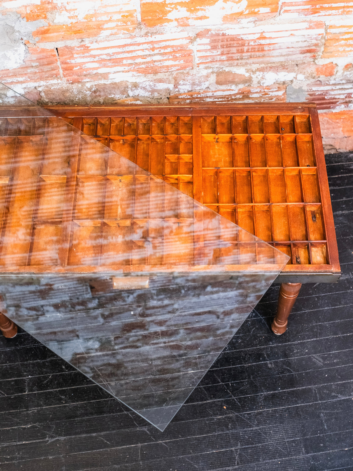 Vintage Hamilton Printer’s Drawer Glass Top Coffee Table