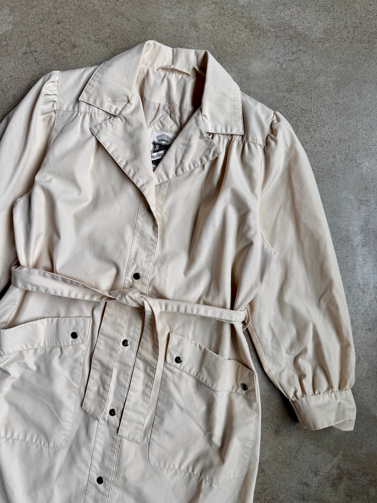 Vintage 1970s Saxton Hall Cream Belted Trench Coat | Medium
