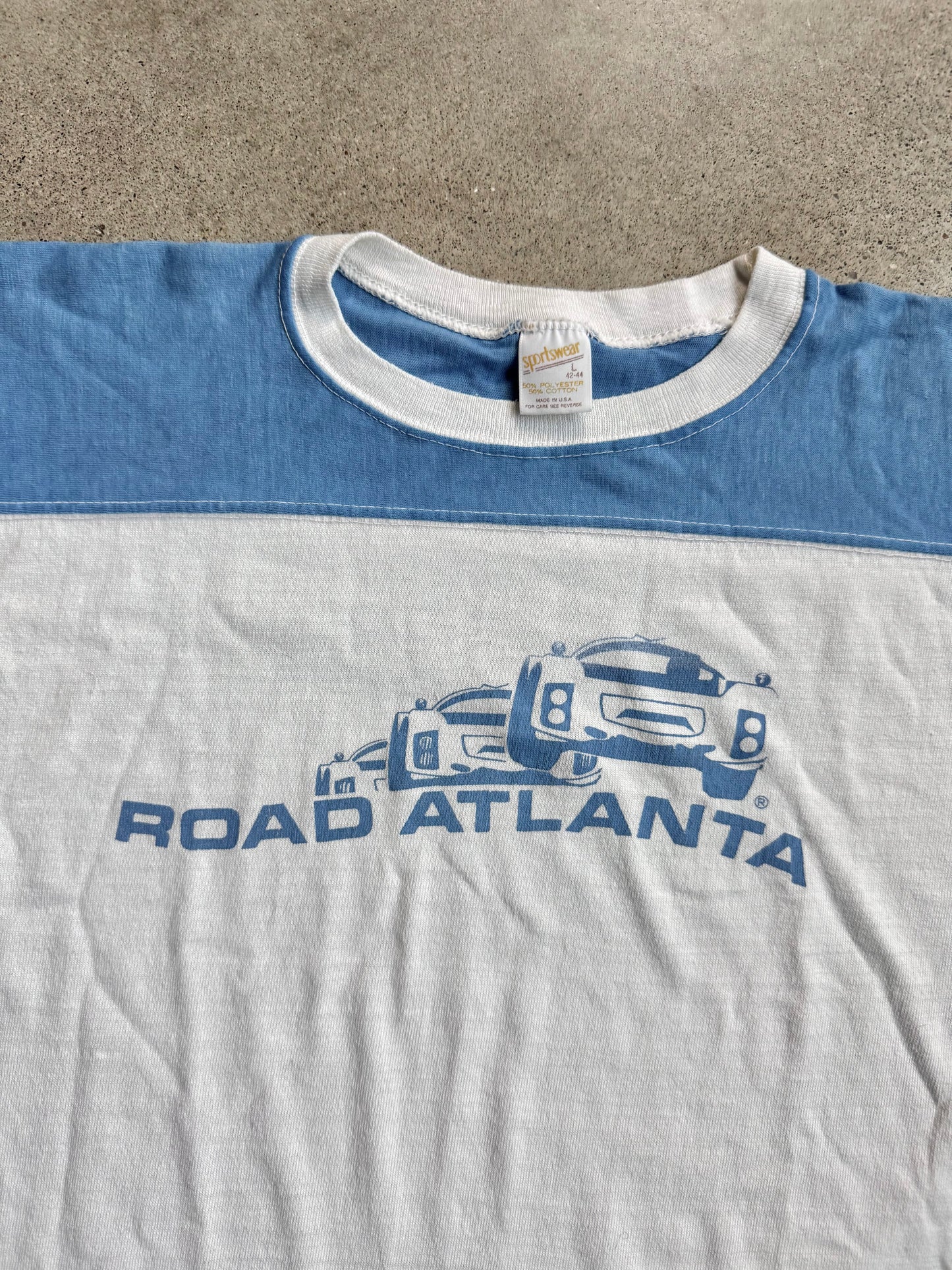 Vintage 1970s Road Atlanta Racing Blue & White Athletic Tee | Large