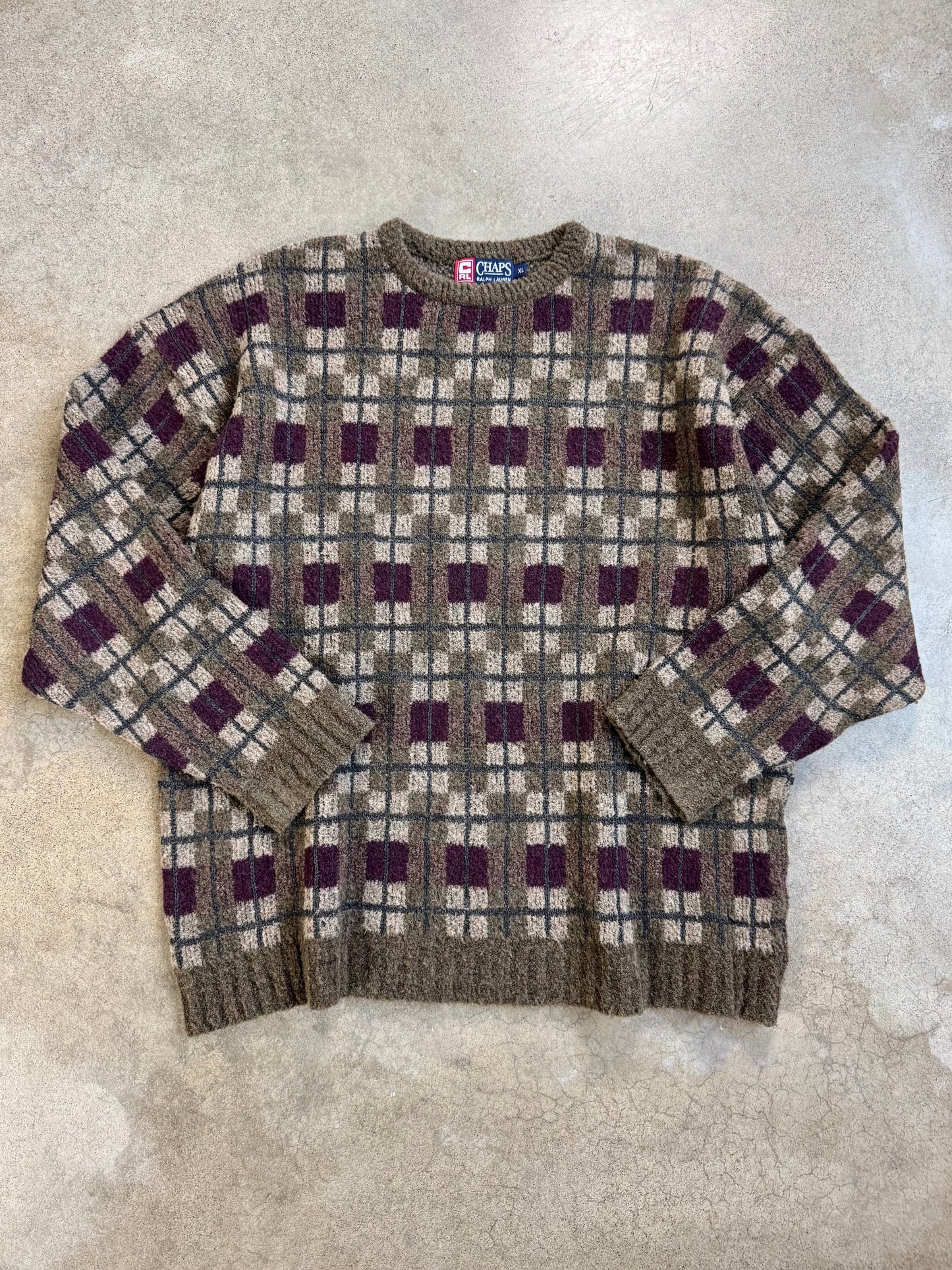 Vintage 1990s Chaps Ralph Lauren Plaid Wool-Blend Crewneck Sweater | XL