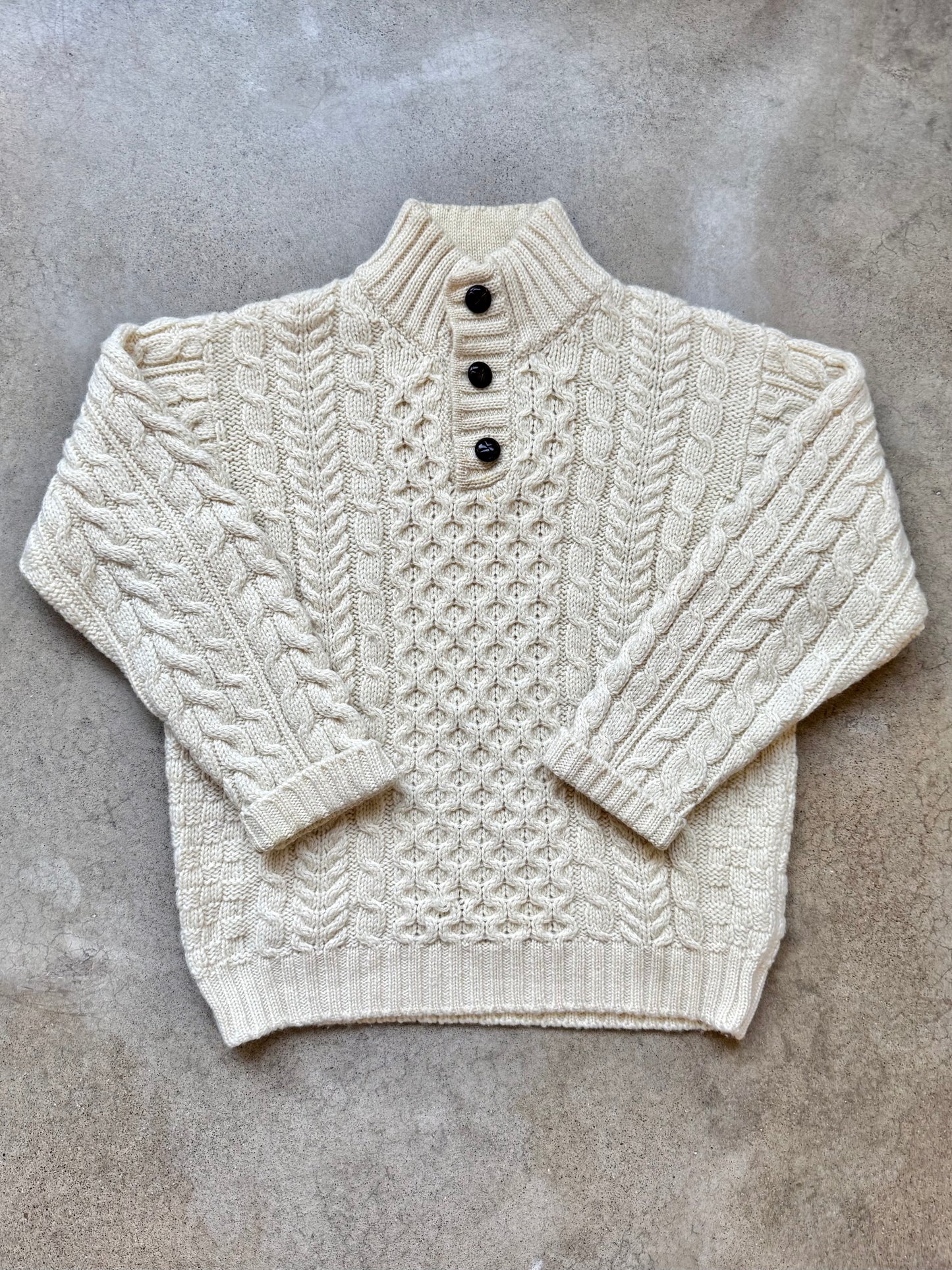 Vintage L.L. Bean Irish Wool Buttoned Mock Neck Fisherman Sweater | Medium