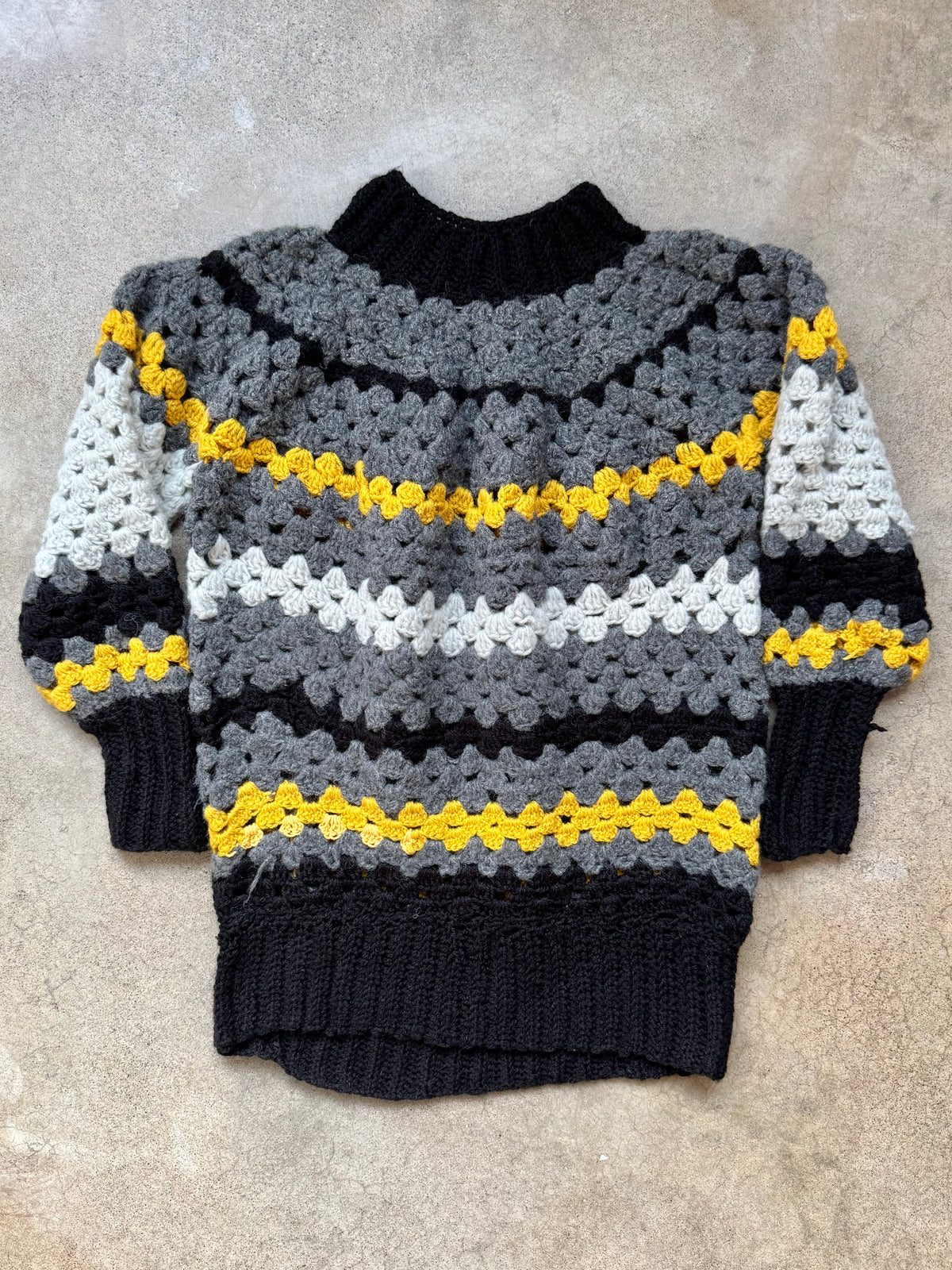 Vintage Handmade Grey & Yellow Crochet Mock Neck Sweater | S/M
