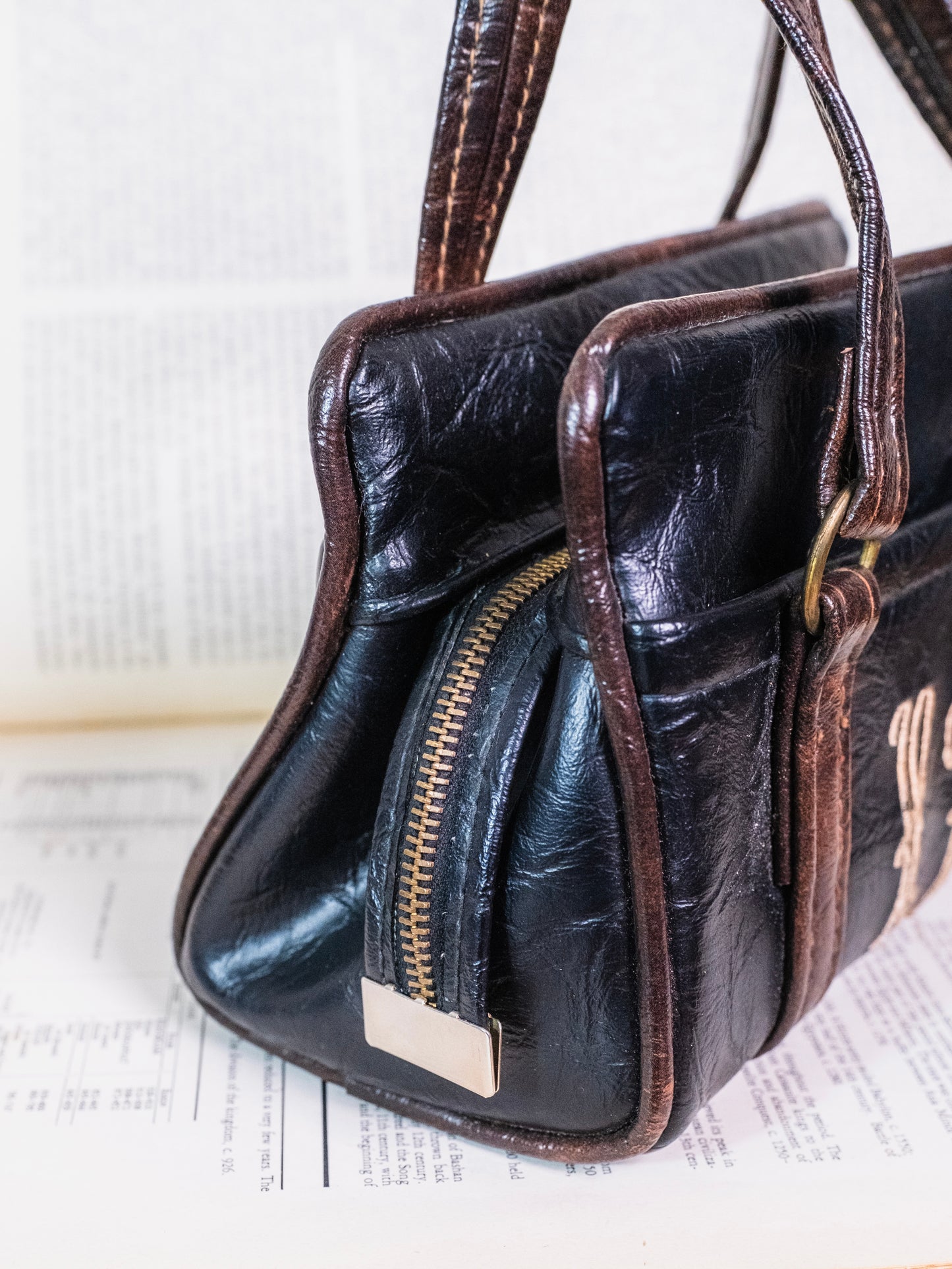 Vintage 1970s Monogrammed Two-Tone Leather Top Handle Purse