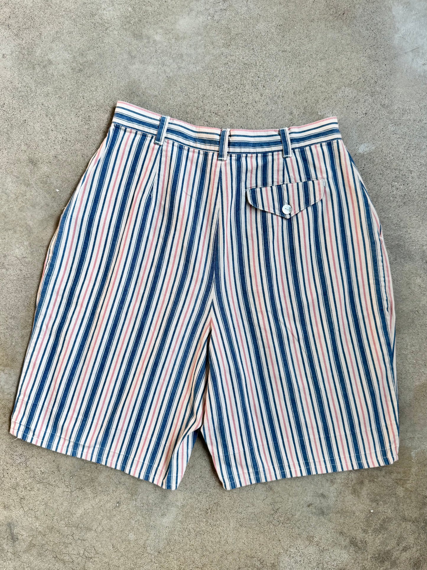 Vintage 1980s/90s Cambridge Country Store Striped Pleated Cotton Shorts | Waist 28”
