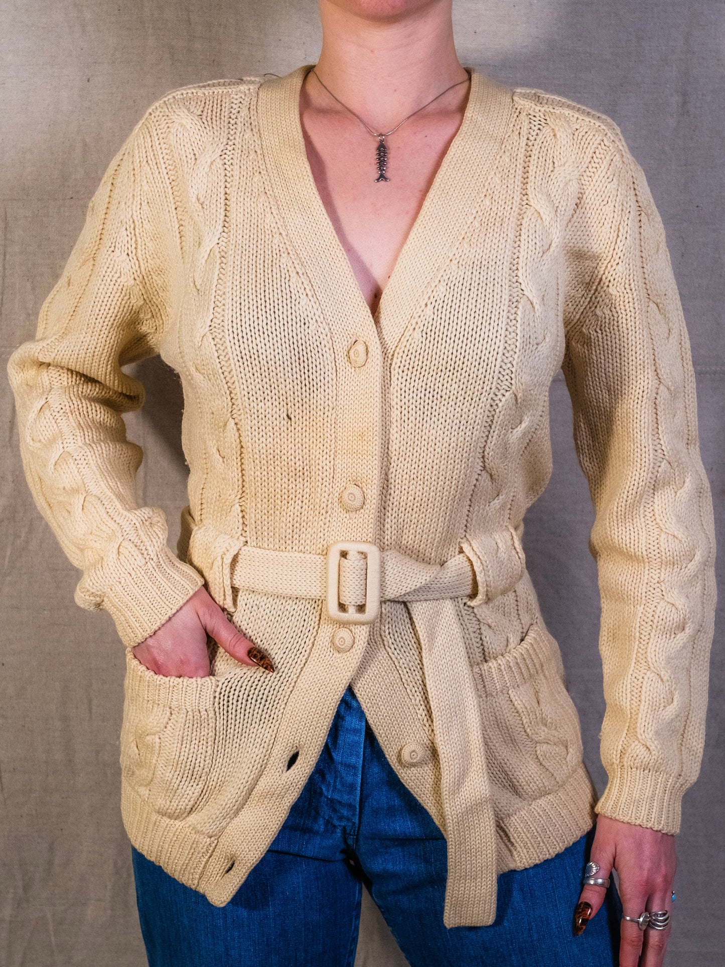 Vintage 1960s Sears 100% Wool Cream Cable Knit Belted Cardigan | Medium