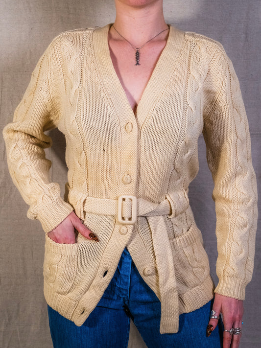 Vintage 1960s Sears 100% Wool Cream Cable Knit Belted Cardigan | Medium