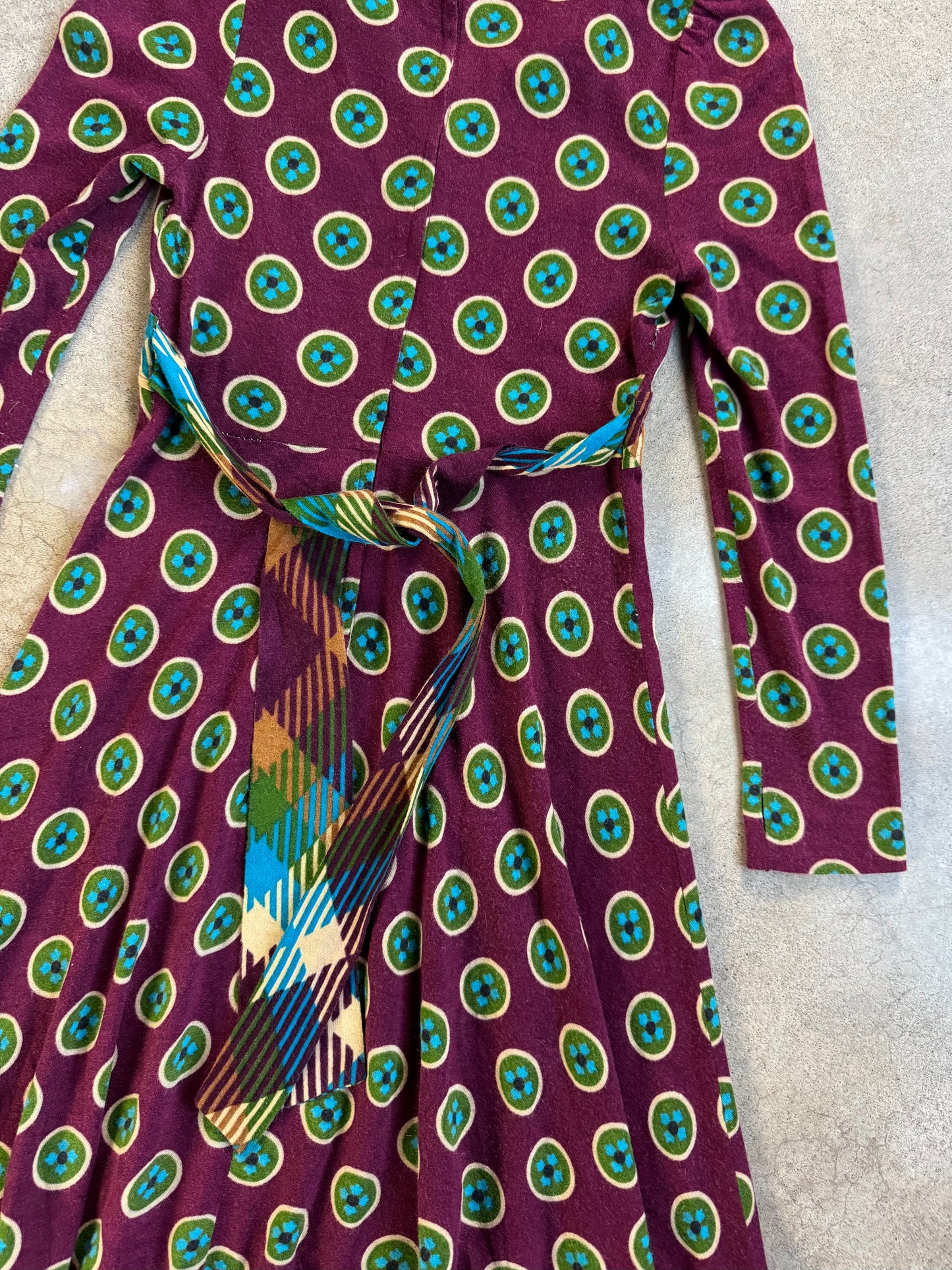 Vintage 1960s Mindy Malone Burgundy Multi-Pattern Collared Dress | XS