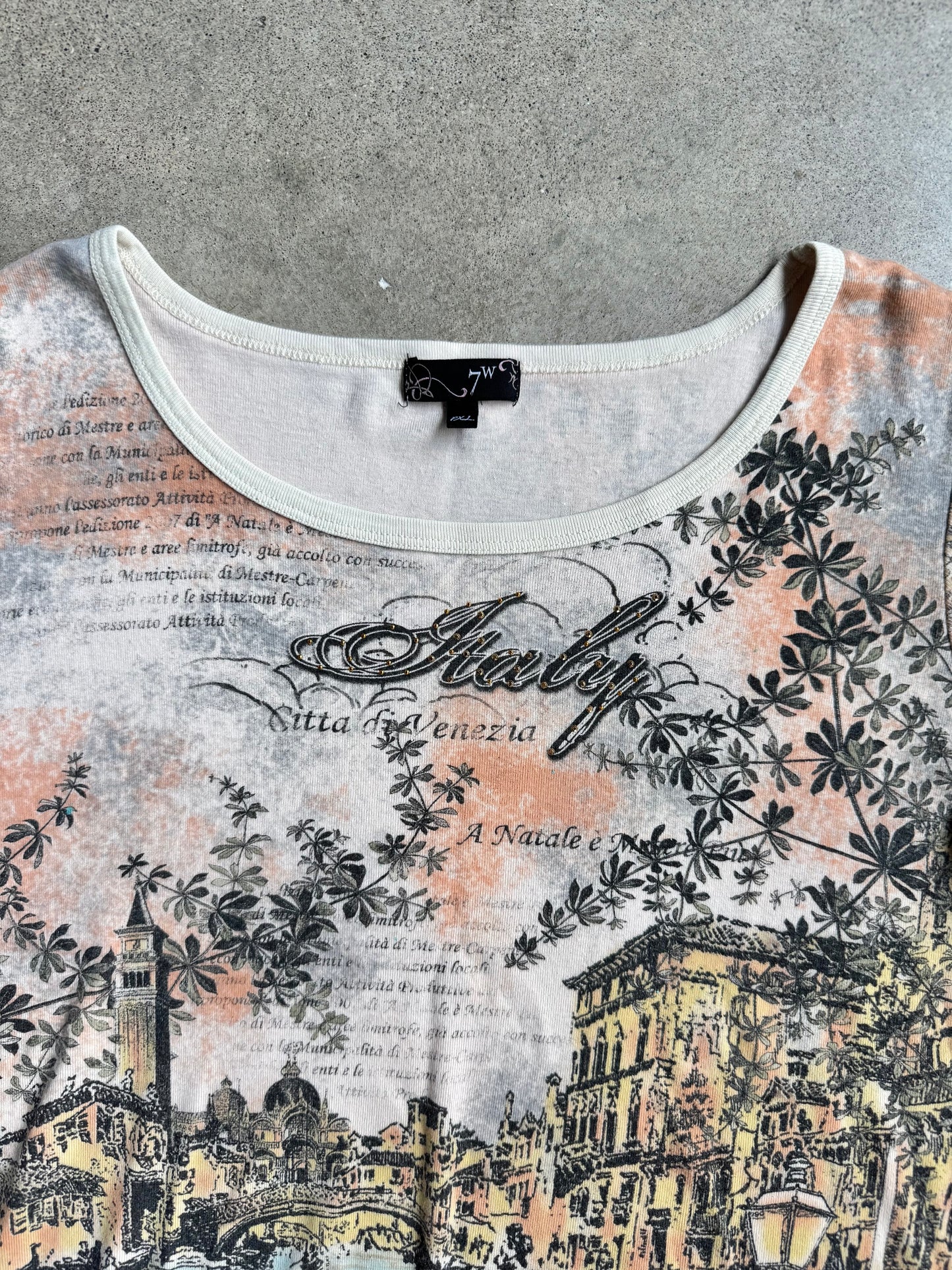2000s Venice Italian Postcard Print Short Sleeve Tee | XL