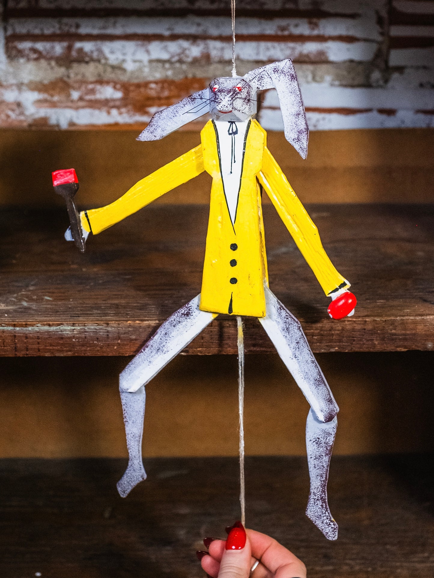 Hampelmann Style Folk Art Handmade Jumping Jack Toy | Rabbit