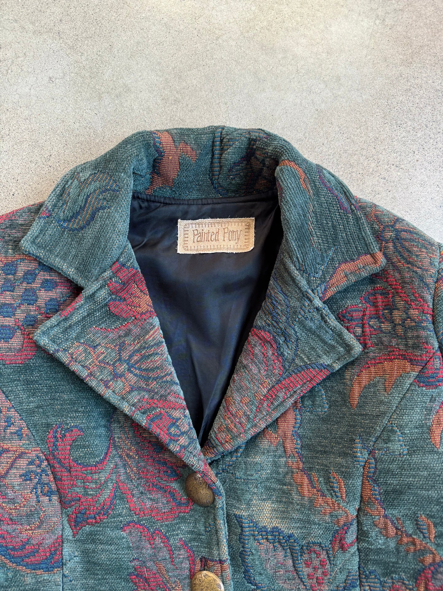 Vintage 1990s Painted Pony Cropped Floral Tapestry Jacket | Small