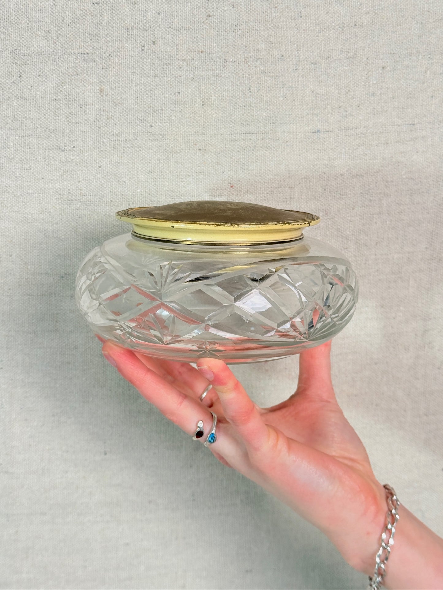 Antique 1920s Cut Crystal & Brass Lid Vanity Jar